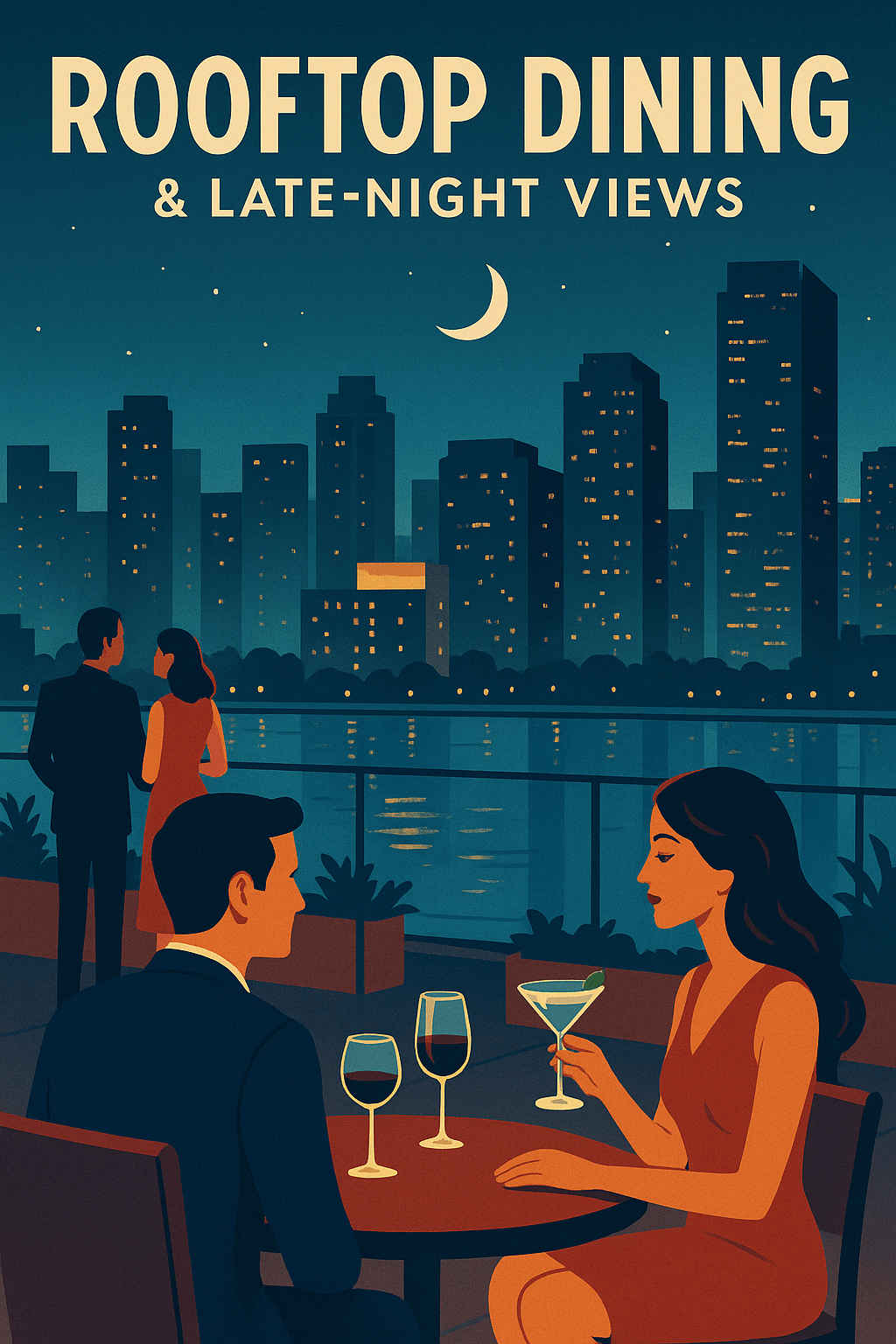 Stylized retro illustration of rooftop dining in Miami at night, with couples enjoying food and cocktails under a starry sky and glowing city skyline views.