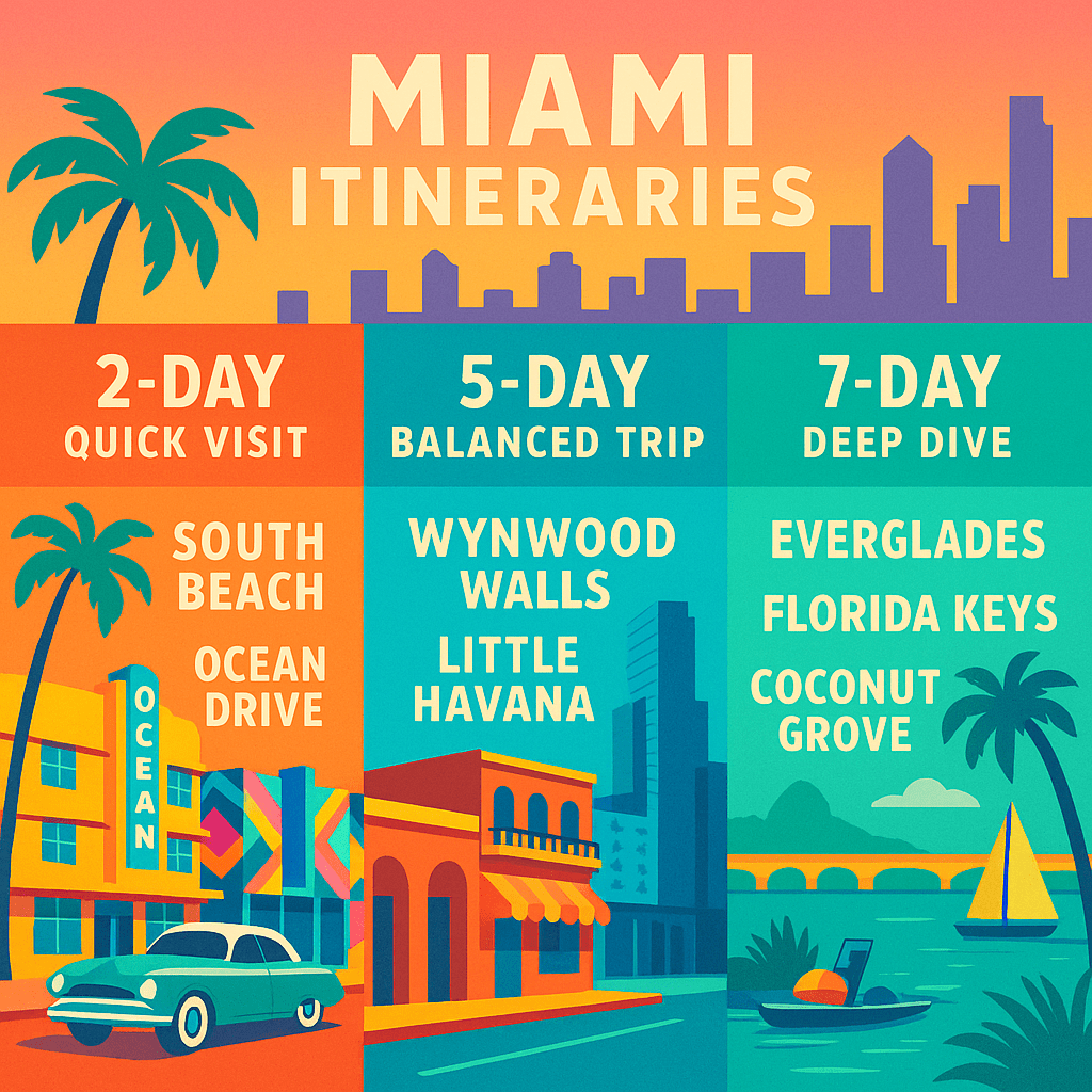 Colorful infographic titled ‘Miami Itineraries’ showing 2-day quick visit with South Beach and Ocean Drive, 5-day balanced trip with Wynwood Walls and Little Havana, and 7-day deep dive including Everglades, Florida Keys, and Coconut Grove.