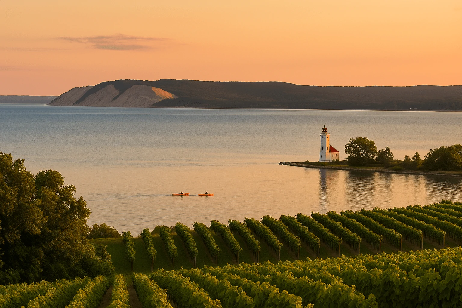 Golden-hour view of Grand Traverse Bay with vineyard rows in the foreground, two kayaks on calm water, a white lighthouse on a small point, and Sleeping Bear Dunes in the distance—no text on image.