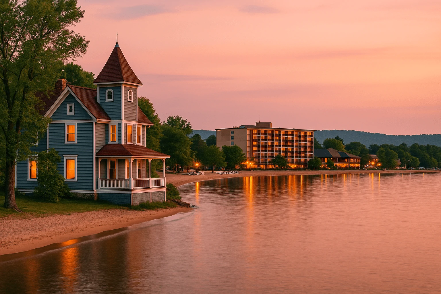 Twilight view of Traverse City waterfront with a Victorian-style lakeside inn and a modern hotel reflecting warm lights on calm Grand Traverse Bay, surrounded by trees and a pastel evening sky—no text on image.