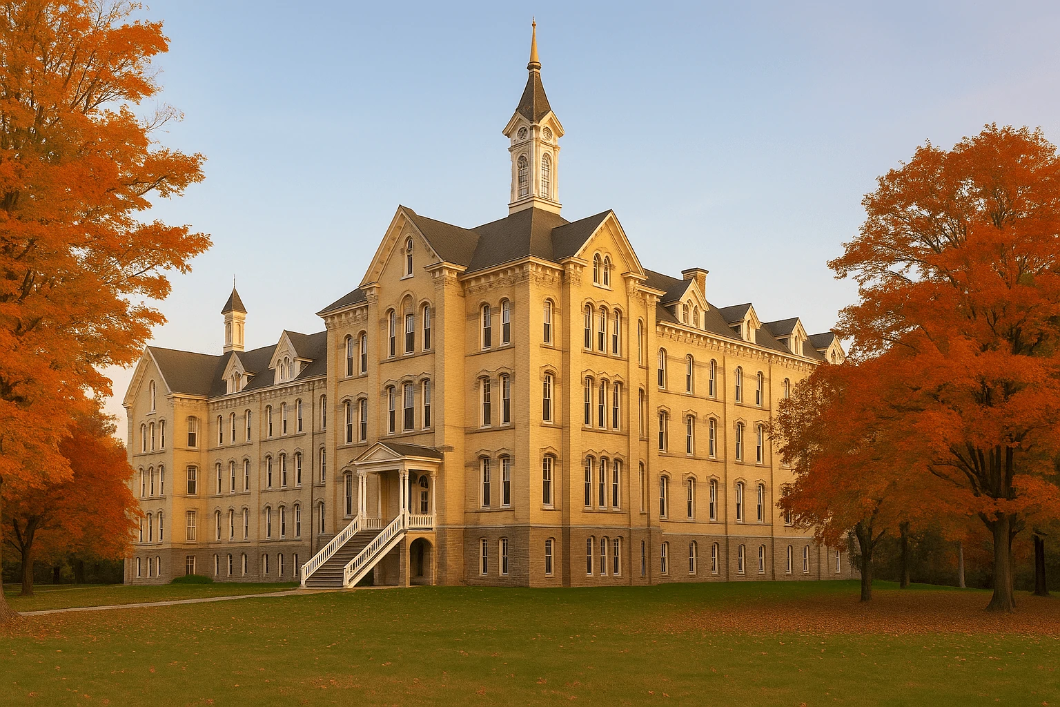 Historic Traverse City State Hospital in Michigan at golden hour, showing its Victorian red-brick architecture with a central tower and autumn trees surrounding the building—no text on image.