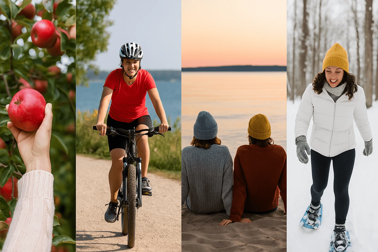 Four-season collage of Traverse City showing apple picking in autumn, biking by the bay in summer, friends watching a sunset on the beach, and snowshoeing through a snowy forest in winter—no text on image.