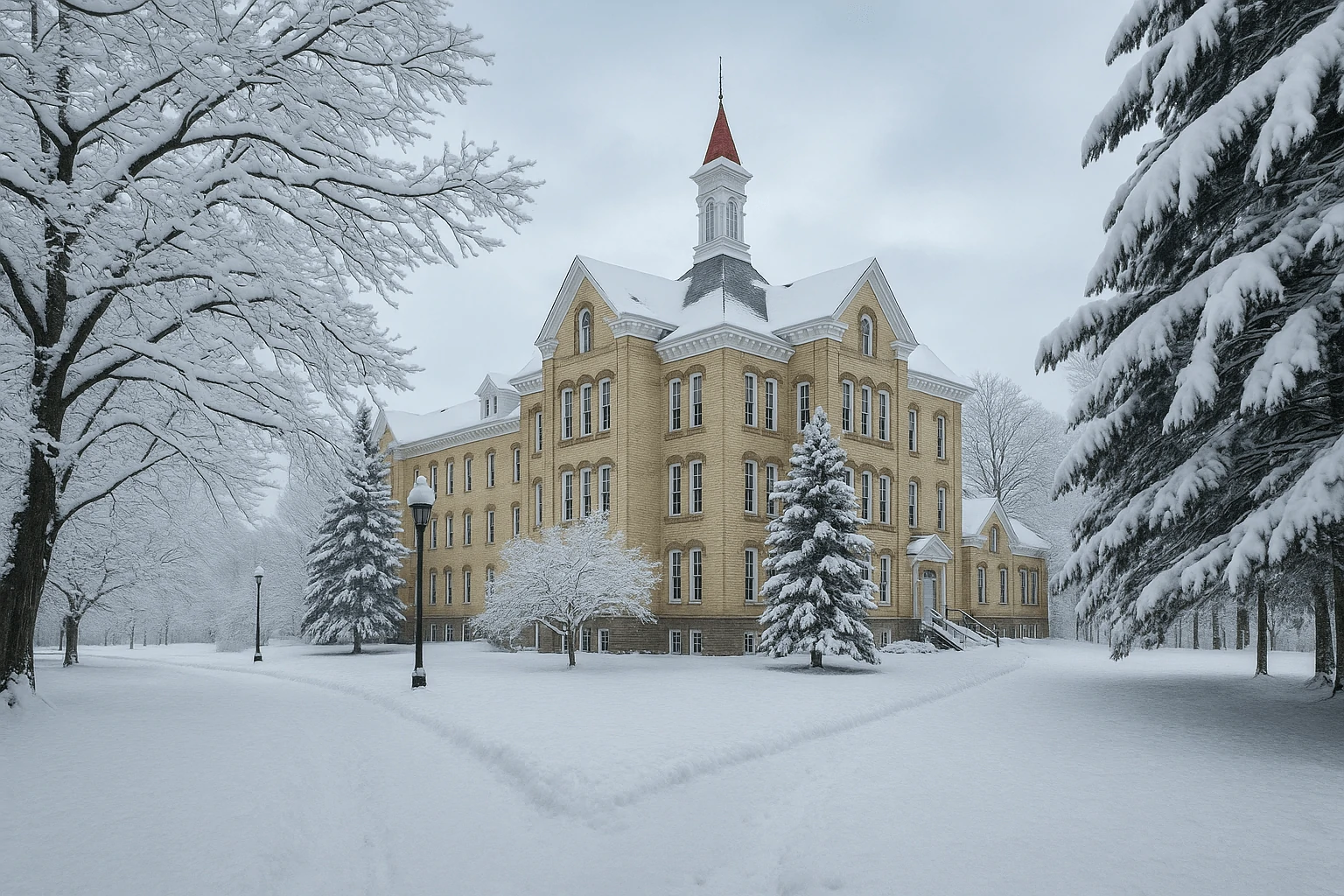 Snow-covered Traverse City State Hospital surrounded by frosted trees and lamp posts on a quiet winter day, with a serene and peaceful atmosphere—no text on image.