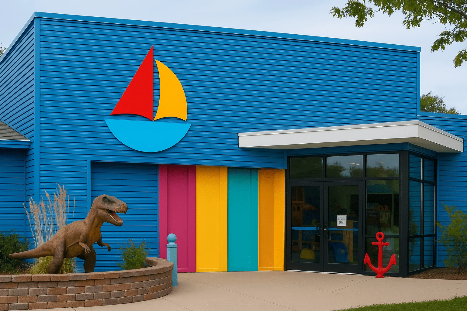 Bright blue exterior of the Great Lakes Children’s Museum in Traverse City, featuring colorful yellow and teal panels, a sailboat logo, and playful outdoor decorations on a sunny day—no text on image.
