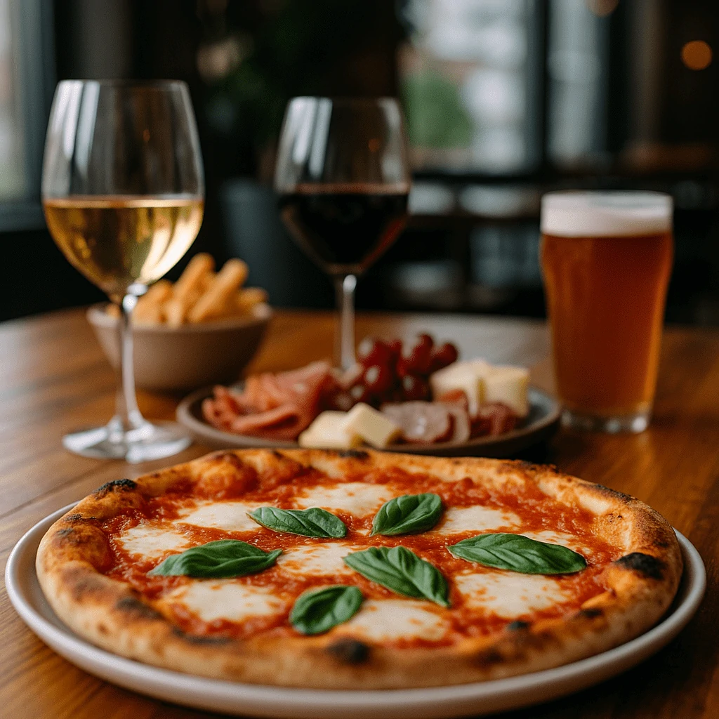 Wooden table at a Traverse City restaurant with Margherita pizza, charcuterie, fries, and glasses of red wine, white wine, and craft beer in a cozy setting—no text on image.
