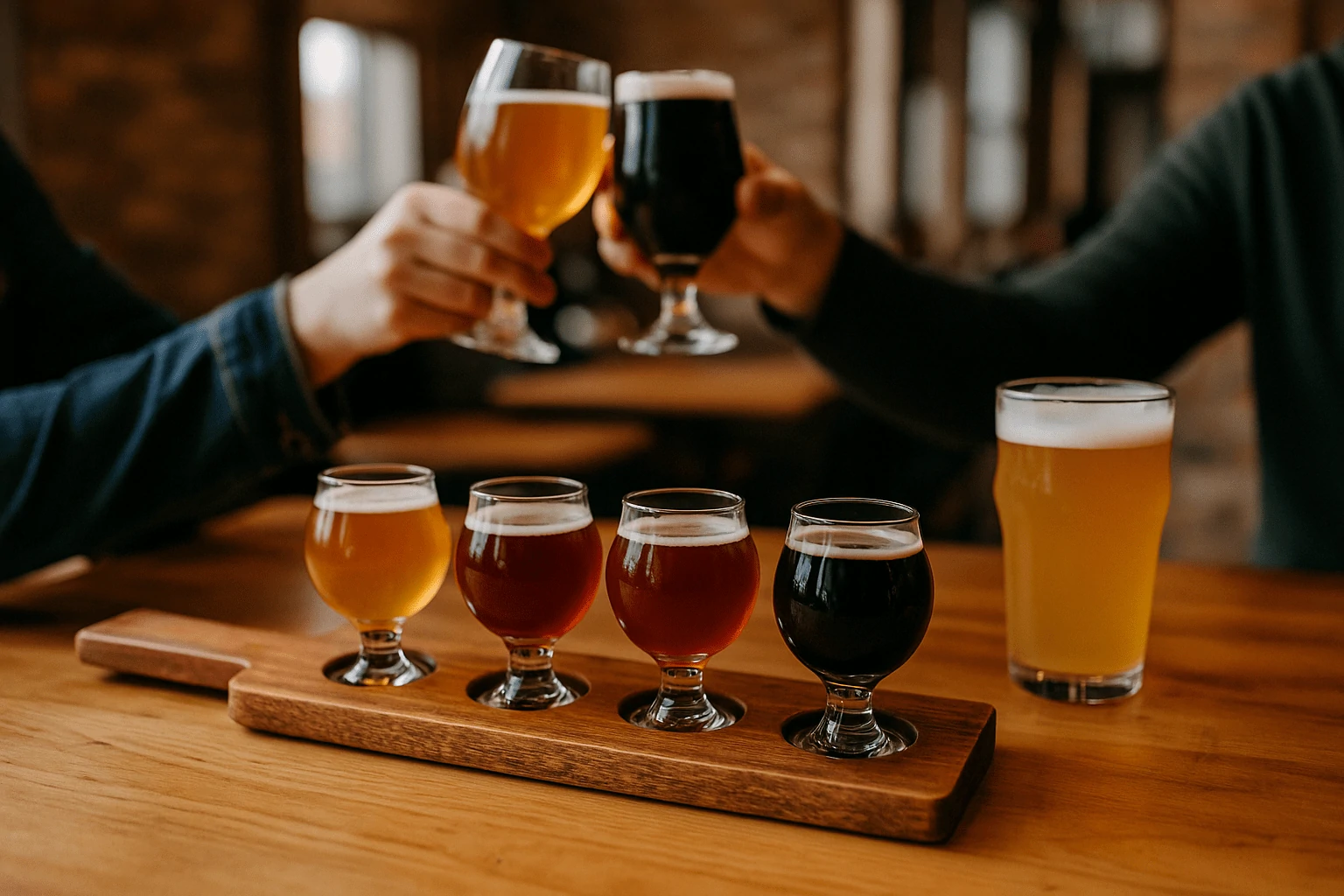 Beer flight with four craft beers on a wooden paddle at a Traverse City brewery, with two people clinking glasses in a warm, rustic taproom setting—no text on image.
