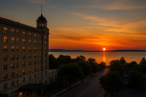 Park Place Hotel Traverse City at sunset overlooking Grand Traverse Bay, historic Art Deco building with glowing evening sky.