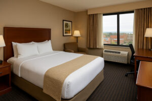 Standard guest room at Park Place Hotel Traverse City with king bed, desk, and city view through window.