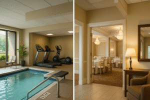 Indoor pool and fitness area with treadmills beside event room at Park Place Hotel Traverse City.