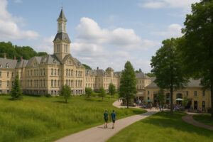 Visitors walking near the historic Grand Traverse Commons in Traverse City, Michigan, surrounded by greenery and restored buildings.