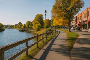 Scenic fall walkway along the Boardman River in downtown Traverse City, Michigan, with colorful trees and local shops.