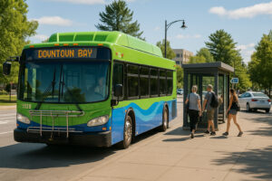 BATA Bayline bus in downtown Traverse City, Michigan, picking up passengers on a sunny day.