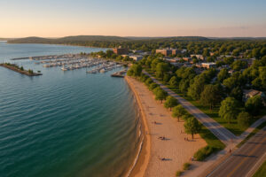 Aerial view of West Bay and Clinch Park Beach in Traverse City, Michigan, with marina docks and tree-lined shoreline at sunset.