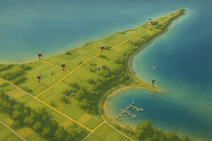 Illustrated map of Old Mission Peninsula in Traverse City, Michigan, showing wineries, scenic roads, and shoreline along Grand Traverse Bay.