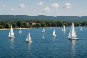 Sailboats gliding across the calm blue waters of Grand Traverse Bay in Traverse City, Michigan, with forested hills in the background.