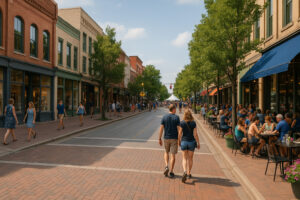 Couple walking along Front Street in downtown Traverse City, Michigan, surrounded by shops, cafés, and outdoor dining.