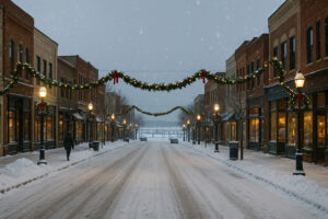 Snow-covered Front Street in downtown Traverse City, Michigan, decorated with holiday lights and garlands during winter.