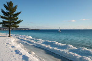Winter view of Grand Traverse Bay in Traverse City, Michigan, with snow-covered shoreline, clear blue water, and a sailboat in the distance.