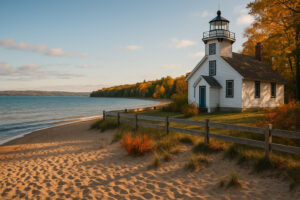 Mission Point Lighthouse on Old Mission Peninsula in Traverse City, Michigan, surrounded by autumn foliage along the sandy Lake Michigan shore.