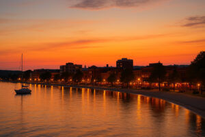 Sunset over West Bay in downtown Traverse City, Michigan, with waterfront lights reflecting on the calm water and a sailboat anchored nearby.