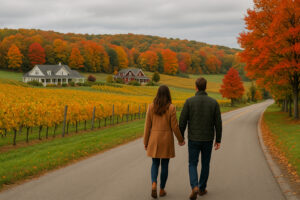 Couple walking along a country road through Old Mission Peninsula vineyards near Traverse City, Michigan, surrounded by vibrant fall colors.