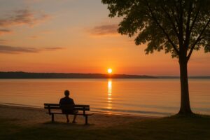 Person sitting on a bench watching the sunrise over Grand Traverse Bay in Traverse City, Michigan, with calm water and warm sky colors.