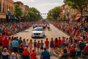 Crowds gathered along Front Street in downtown Traverse City, Michigan, watching the National Cherry Festival parade on a sunny summer day.