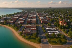 Aerial view of downtown Traverse City, Michigan, showing Front Street, Clinch Park Beach, and the shoreline of Grand Traverse Bay.