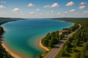 Scenic aerial view of East Bay in Traverse City, Michigan, with turquoise water, sandy shoreline, and a road curving along the coast.