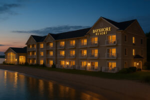Bayshore Resort Traverse City illuminated at night with beachfront views over West Bay