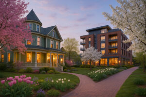 Springtime boutique hotels in Traverse City with blooming flowers and elegant architecture