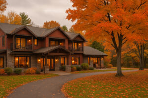 Boutique hotel in Traverse City surrounded by autumn trees and vibrant fall foliage