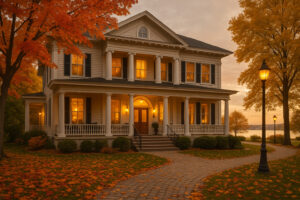 The Wellington Inn boutique hotel in Traverse City with autumn trees and warm evening lights