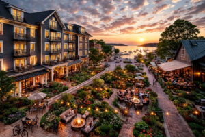 Boutique hotel in Traverse City overlooking West Bay at sunset with outdoor dining and garden lights