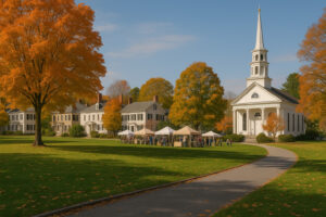 Scenic village green with historic New England homes in Woodstock Vermont
