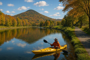 Scenic village green with historic New England homes in Woodstock Vermont