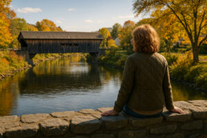Scenic village green with historic New England homes in Woodstock Vermont