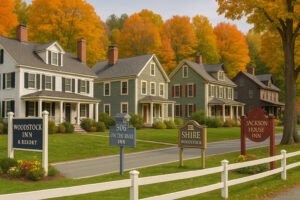 Scenic village green with historic New England homes in Woodstock Vermont
