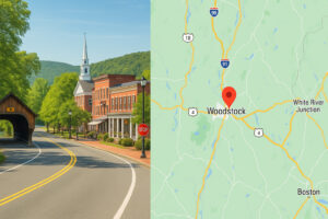 Scenic village green with historic New England homes in Woodstock Vermont