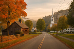 Scenic village green with historic New England homes in Woodstock Vermont