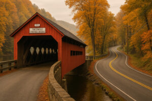 Scenic village green with historic New England homes in Woodstock Vermont