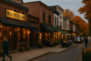 Scenic village green with historic New England homes in Woodstock Vermont