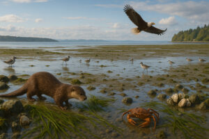 Bald eagle perched near the shoreline showing wildlife near Port Ludlow in a natural coastal setting