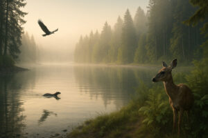Bald eagle perched near the shoreline showing wildlife near Port Ludlow in a natural coastal setting