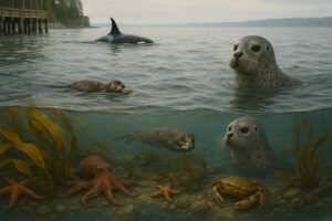Bald eagle perched near the shoreline showing wildlife near Port Ludlow in a natural coastal setting