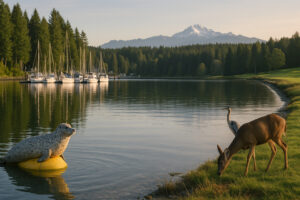 Bald eagle perched near the shoreline showing wildlife near Port Ludlow in a natural coastal setting