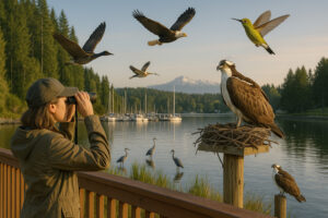 Bald eagle perched near the shoreline showing wildlife near Port Ludlow in a natural coastal setting