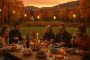 Cloudy morning sky showing changing weather North Bennington VT over small town rooftops