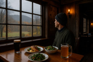 Cloudy morning sky showing changing weather North Bennington VT over small town rooftops