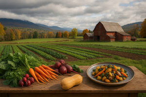 Cloudy morning sky showing changing weather North Bennington VT over small town rooftops